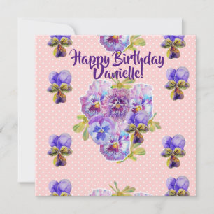 Happy Birthday Pansy floral Womans Name Card Feestdagenkaart