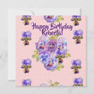 Happy Birthday Pansy floral Womans Name Card Feestdagenkaart