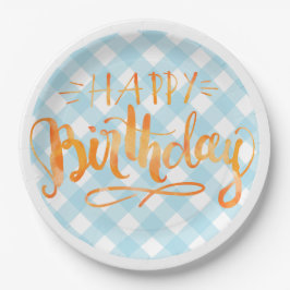Happy Birthday Paper Bord Blue White Gingham