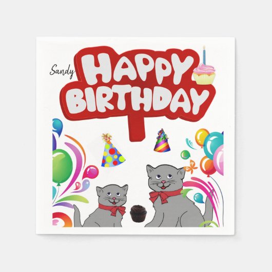 Happy Birthday Paper Napkins, Cats Servet (Voorkant)