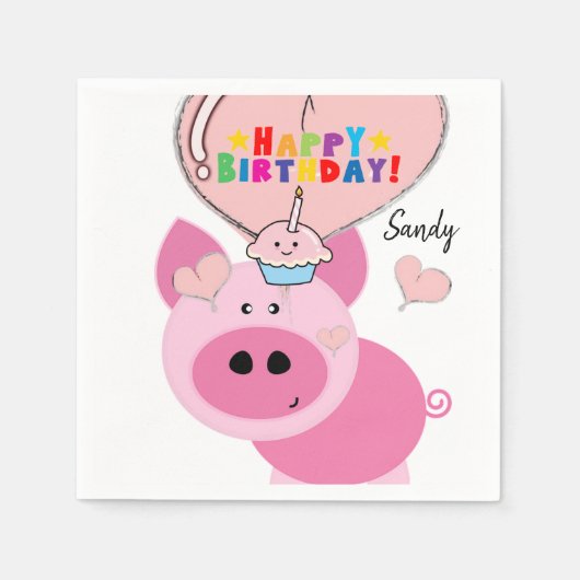 Happy Birthday Paper Napkins, Pink Pig Servet (Voorkant)