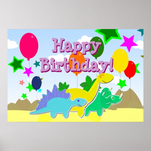 Happy Birthday Party Balloons Dinosaurs Poster (Voorkant)
