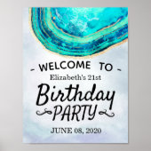 Happy Birthday Party Blauwgroen Gold Agate Geode W Poster (Voorkant)