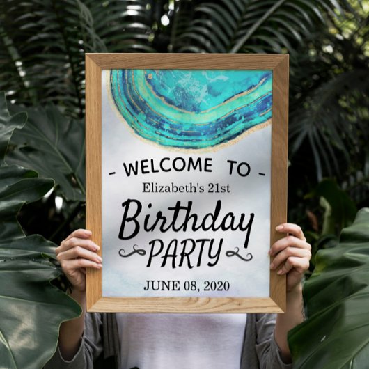 Happy Birthday Party Blauwgroen Gold Agate Geode W Poster