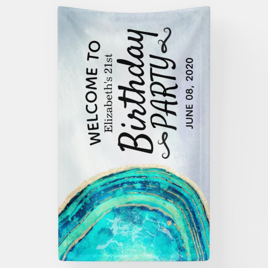 Happy Birthday Party Blauwgroen Gold Agate Geode W Spandoek (Verticaal)