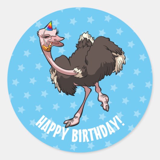 Happy Birthday Party dansende Cartoon Ostrich Ronde Sticker (Voorkant)
