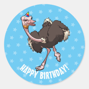 Happy Birthday Party dansende Cartoon Ostrich Ronde Sticker