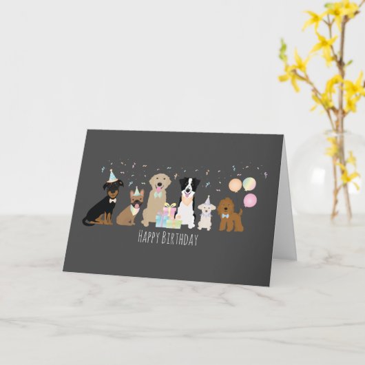 Happy Birthday Party-honden Kaart (Gele Bloem)
