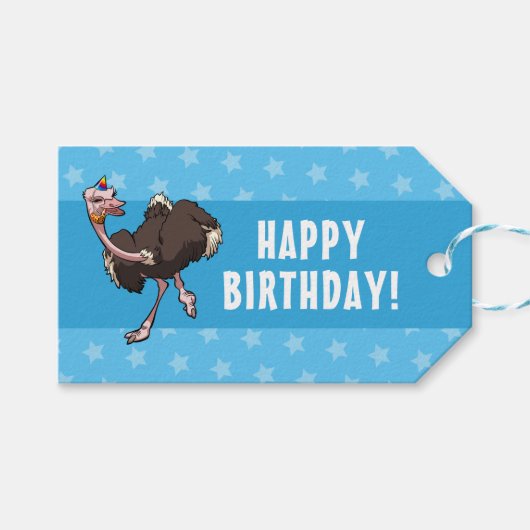Happy Birthday Party Ostrich Dansende Cartoon Cadeaulabel (Voorkant (Horizontaal))