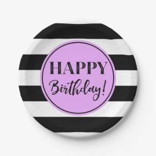 Happy Birthday Party Paars Black White Stripes Pa Papieren Bordje