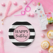 Happy Birthday Party roze Black White Stripes Papieren Bordje (Feest)