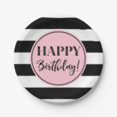 Happy Birthday Party roze Black White Stripes Papieren Bordje (Voorkant)