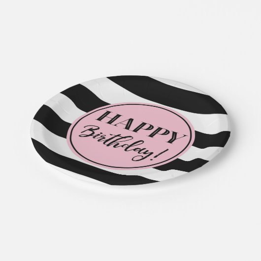 Happy Birthday Party roze Black White Stripes Papieren Bordje (Gekanteld)