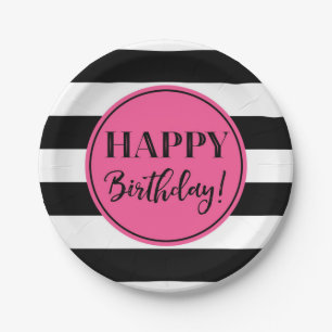 Happy Birthday Party roze Black White Stripes Papieren Bordje
