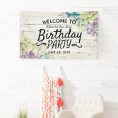 Happy Birthday Party Succulent Rustic Wood Welkom Spandoek (Insitu)