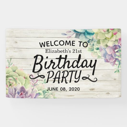 Happy Birthday Party Succulent Rustic Wood Welkom Spandoek (Horizontaal)