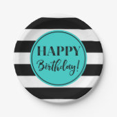 Happy Birthday Party Turquoise Black White Papieren Bordje (Voorkant)