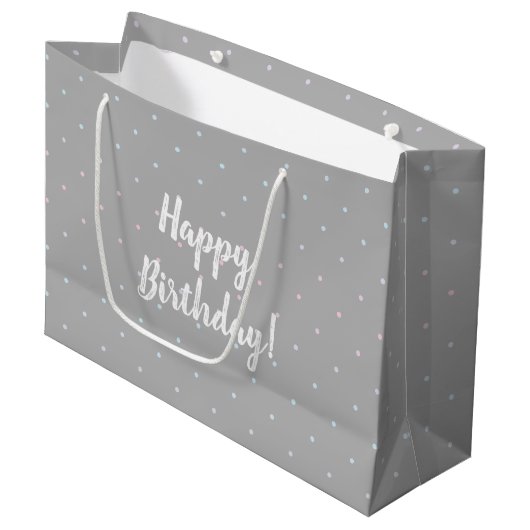 Happy Birthday Pastel Dot Pattern Gift Bag Groot Cadeauzakje (Voorkant Gekanteld)