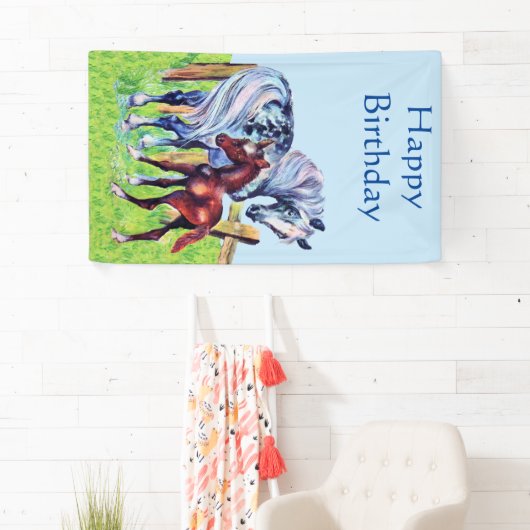 Happy Birthday Pastel Moeder Horse Brown Baby Colt Spandoek (Insitu)