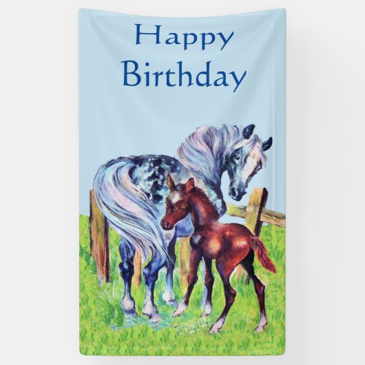 Happy Birthday Pastel Moeder Horse Brown Baby Colt Spandoek (Verticaal)