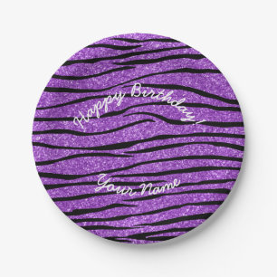 Happy Birthday pastel paarse glitter zebrastrepen Papieren Bordje