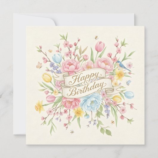 Happy Birthday Pastel Spring Flowers and Birds Kaart (Voorkant)