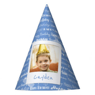 Happy Birthday Pattern Blue Party Kinder Photo Cut Feesthoedjes