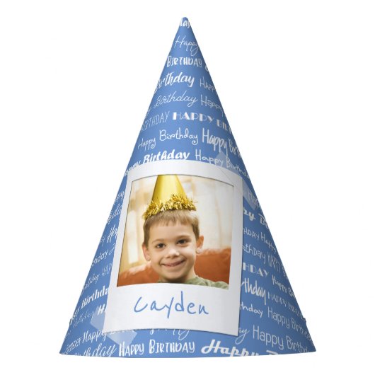 Happy Birthday Pattern Blue Party Kinder Photo Cut Feesthoedjes (Voorkant)