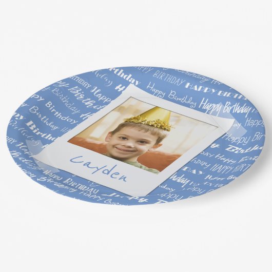 Happy Birthday Pattern Blue Party Kinder Photo Fun Papieren Bordje (Gekanteld)