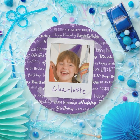 Happy Birthday Pattern Paarse Party Kinder Foto Papieren Bordje (Feest)