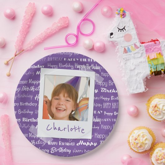 Happy Birthday Pattern Paarse Party Kinder Foto Papieren Bordje (Feest)