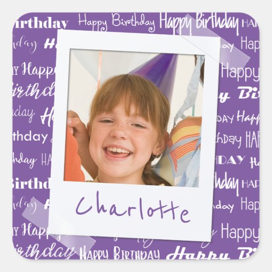 Happy Birthday Pattern Paarse Party Kinder Foto Vierkante Sticker (Voorkant)