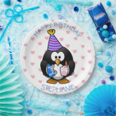 Happy Birthday Penguin Blue en roze papieren Borde Bordje (Feest)