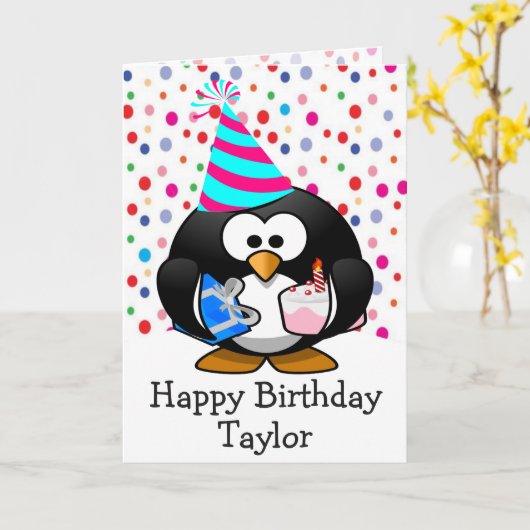 Happy Birthday Penguin Kinder Kaart (Gele Bloem)