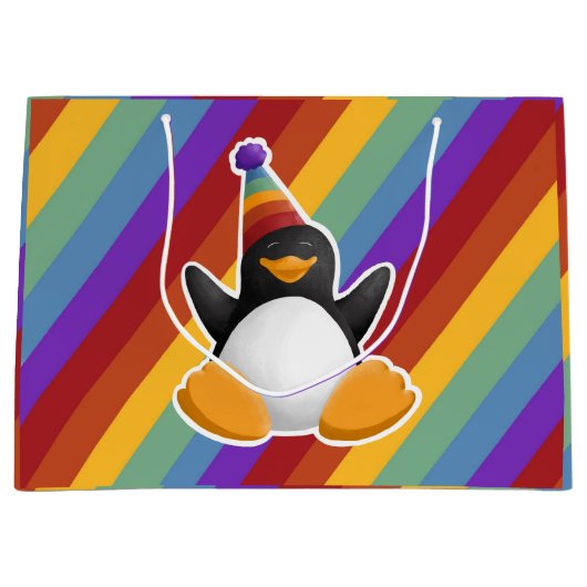 Happy Birthday Penguin Rainbow Gift Bag Large Cadeautasje (Voorkant)