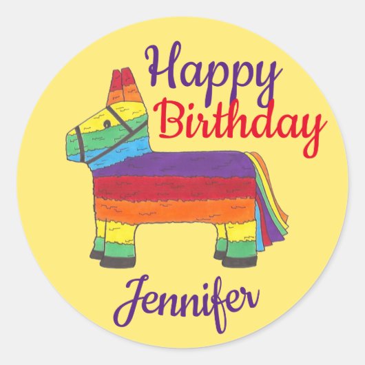 Happy Birthday Personalized Rainbow Donkey Pinata Ronde Sticker (Voorkant)