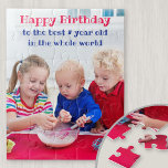 Happy Birthday - persoonlijke Kinder foto Legpuzzel<br><div class="desc">Gepersonaliseerde foto-puzzel voor de verjaardag van een jong kind. Het fotomalplaatje is opstelling voor u om één van uw favoriete afbeeldingen toe te voegen, die in portretformaat zullen worden getoond. Je foto heeft een aangepaste tekstbedekking in schattig en driekleurig schrift. De steekproefformulering luidt "Happy Birthday to the best [age] year...</div>