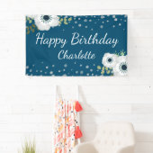 Happy Birthday Persoonlijke naam Floral Blue Spandoek (Insitu)