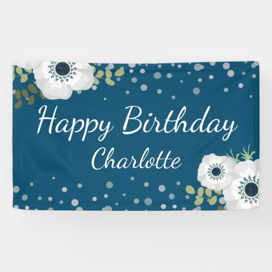 Happy Birthday Persoonlijke naam Floral Blue Spandoek (Horizontaal)
