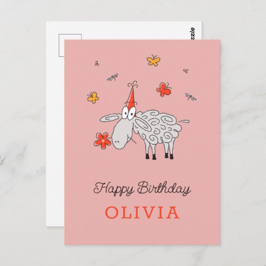 Happy Birthday Pet Schattigee Cartoon Lambkin Flow Briefkaart (Voorkant / Achterkant)