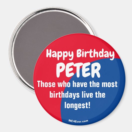 Happy Birthday PETER Red/blue magnet (Voorkant / Achterkant)