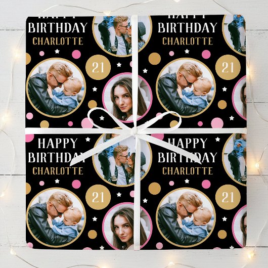 Happy Birthday Photo Collage Any Age 21st Pink Cadeaupapier