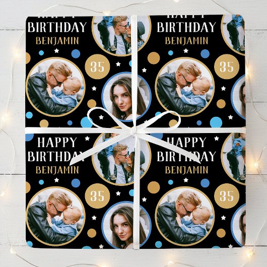 Happy Birthday Photo Collage Any Age 35th Blue Cadeaupapier