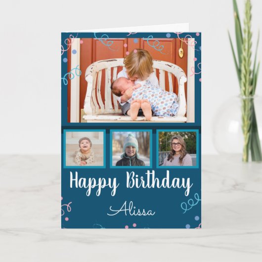 Happy Birthday Photo Collage Custom Name Confetti Kaart (Voorkant)