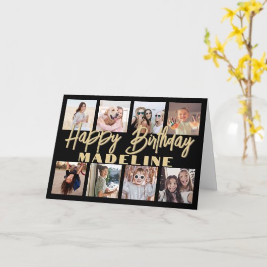 Happy Birthday Photo Collage Elegant Zwart & Goud Kaart (Gele Bloem)