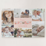 Happy Birthday Photo Collage & Floral Pattern Legpuzzel<br><div class="desc">Viel een geliefde, vriend of familielid's verjaardagsfeest met onze gepersonaliseerde blije verjaardagsfoto collage en florale patroonfestiviteiten foto puzzle. Het ontwerp kenmerkt zes fotolay-out om uw eigen speciale foto's van het verjaardagsgeheugen te tonen. "Birthday" is ontworpen met een prachtig bloempatroon en is aangepast aan de naam van de ontvanger. Maak een...</div>