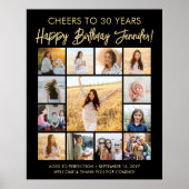 Happy Birthday Photo Collage Modern Zwart en Goud Poster (Voorkant)