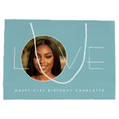 Happy Birthday Photo Love Typography Chic Blue Groot Cadeauzakje (Achterkant)