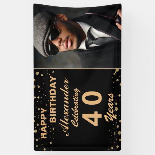 Happy Birthday Photo Party Event Gold Black - Aang Spandoek (Verticaal)
