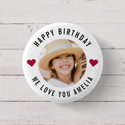 Happy Birthday Photo Simple Chic Modern Hearts Ronde Button 3,2 Cm